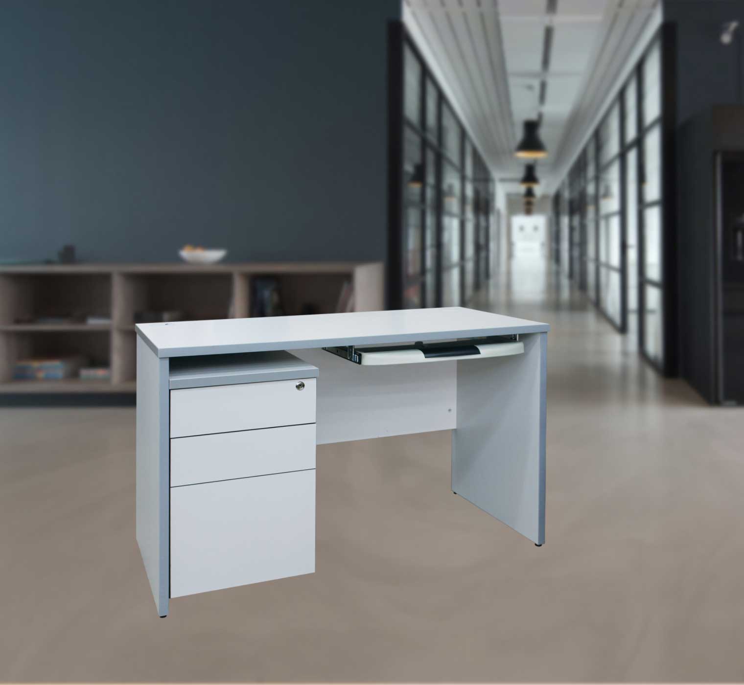 laminated rectangular wooden desk with mobile drawers &amp; keyboard drawer artist impression