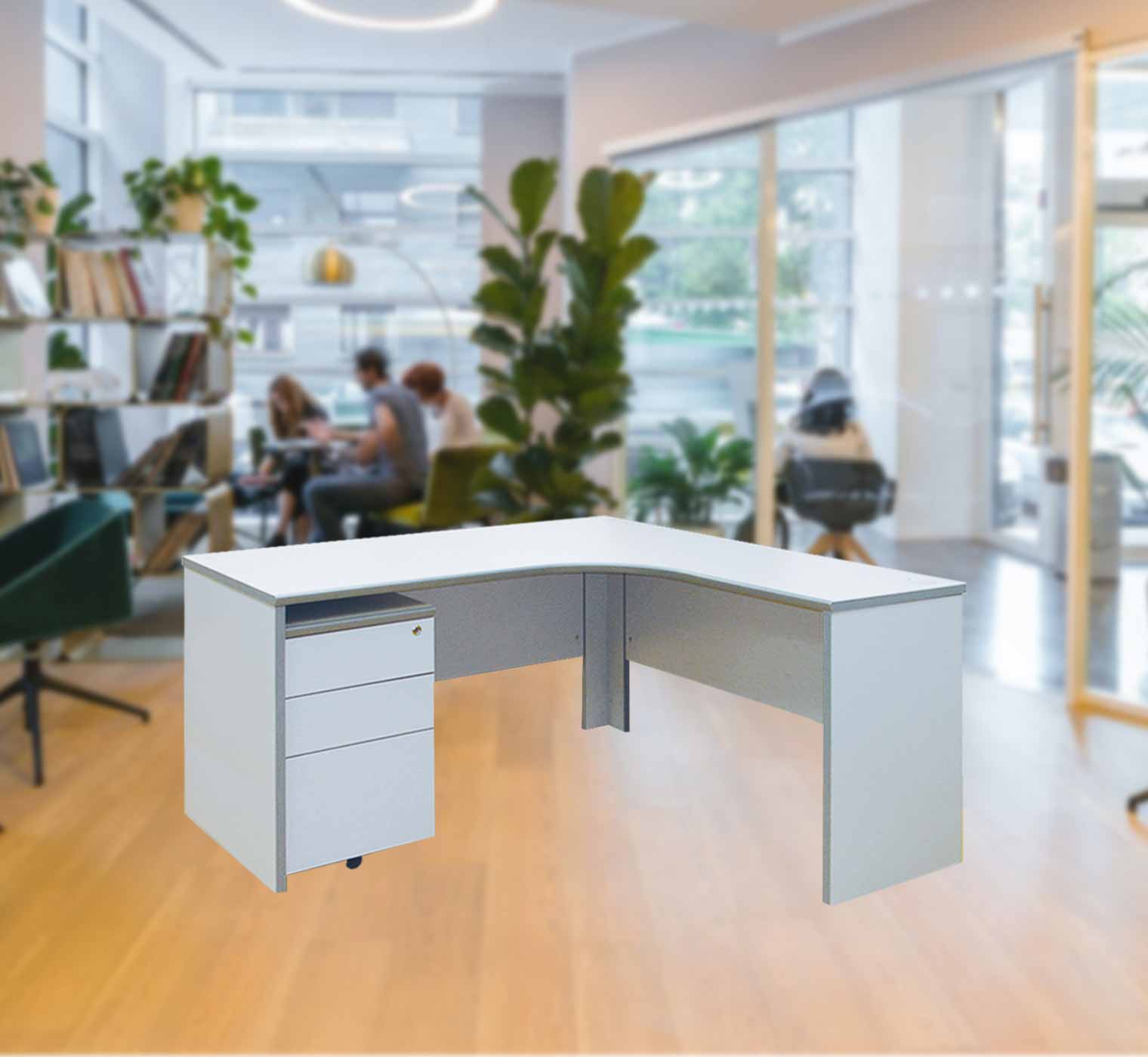 laminated L-shape wooden desk with mobile drawer artist impression